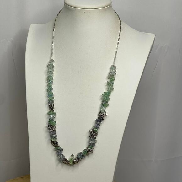 Necklace green teal seaglass look beads beading with silver tone TURTLE jewelry - Picture 8 of 14